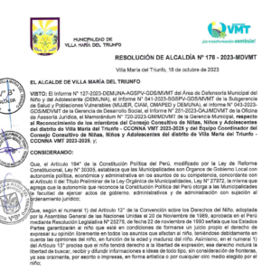 Resolución  de  Alcaldía  N°  178-2023  – MDVMT  –  Reconocimiento de  los  miembros  del   CONNA  de  VMT